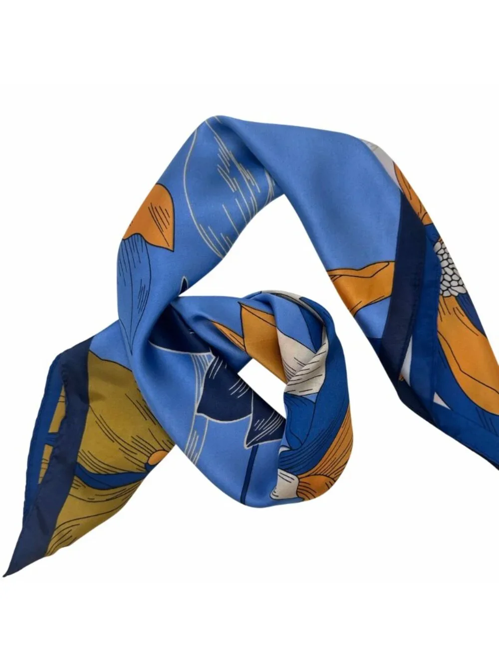 ✨Luxury Silky Scarf Orange Navy Blue Geometric Floral Link Pattern Square Wrap✨